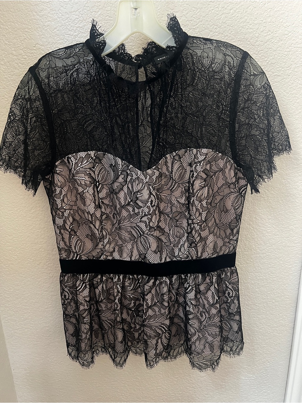 WHBM Black Lace Overlay Peplum Top